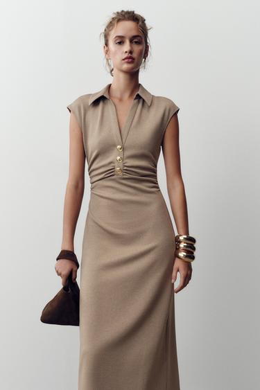 MIDI POLO COLLAR DRESS - Beige by Zara