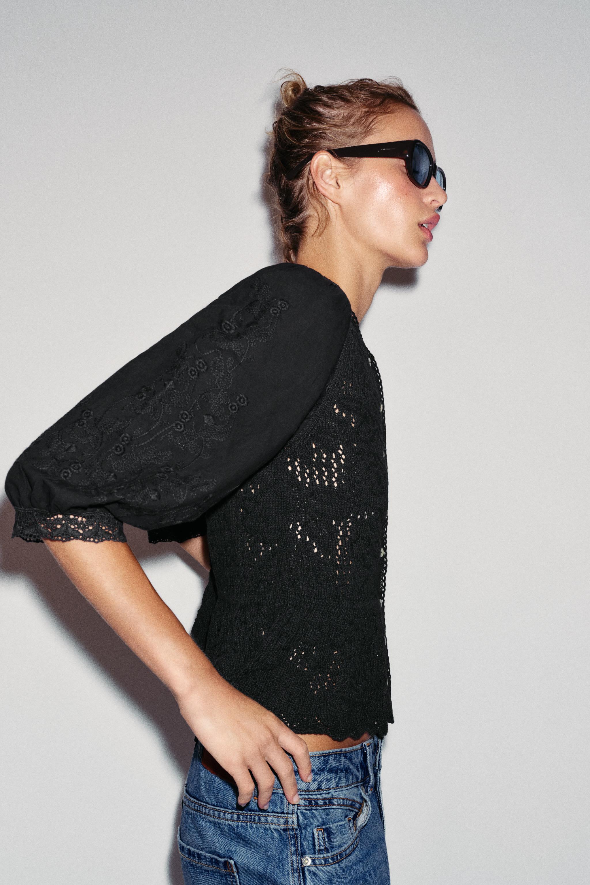 ROMANTIC MIXED-FABRIC CARDIGAN — Black