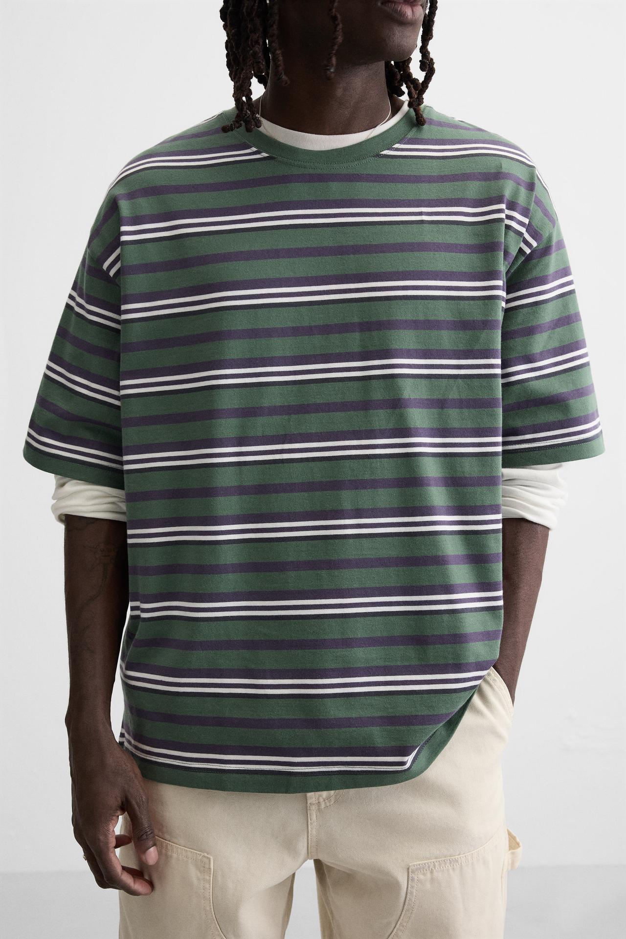 STRIPED JACQUARD T-SHIRT - Green / Ecru by Zara
