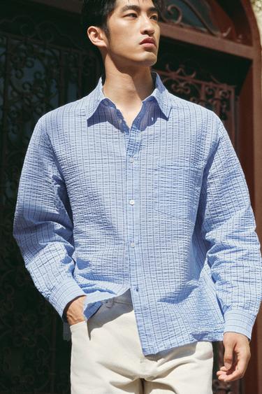 Zara 皺痕效果條紋襯衫 - 天藍色