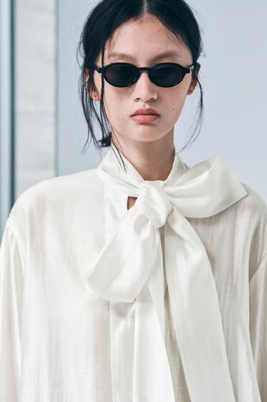 Zara ZW COLLECTION 緞面綁帶襯衫 - 磨白色