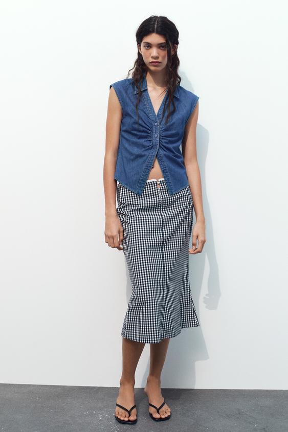 GINGHAM MIDI SKIRT - Navy blue