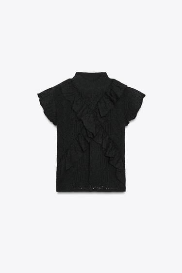 POINTELLE-STRICKTOP MIT VOLANTS - Schwarz von Zara
