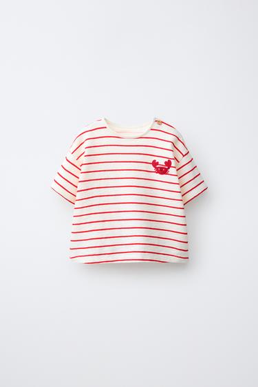 Zaras RANDIG T-SHIRT MED BRODERAD KRABBA - Vit/röd