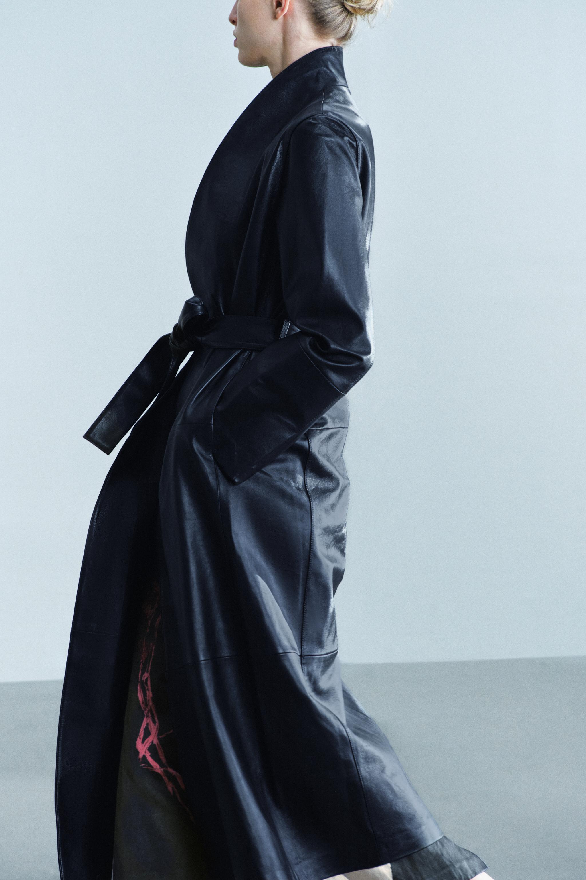 ZW COLLECTION 100% LEATHER BELTED LONG COAT