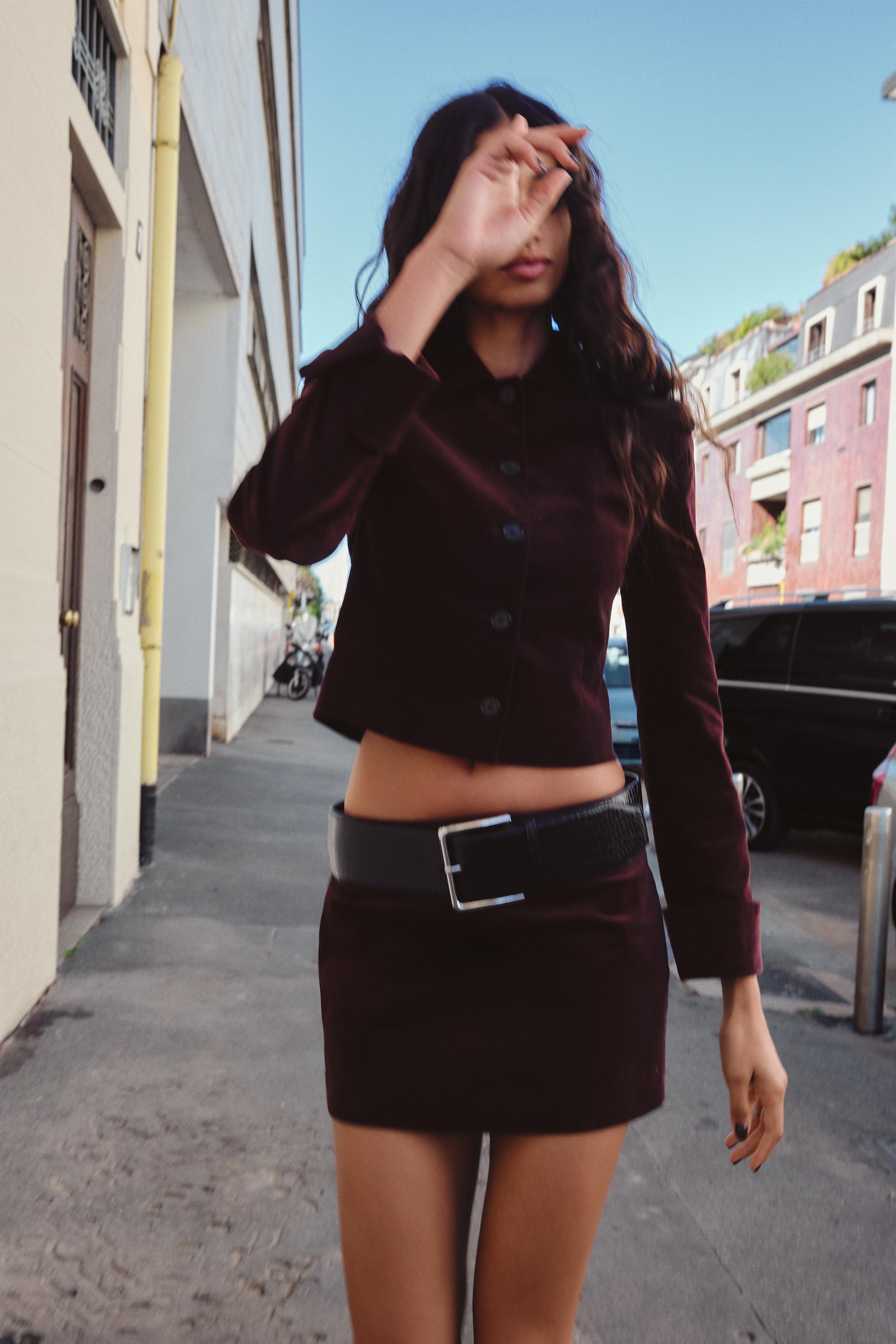 VELVET MINI SKIRT WITH BELT Maroon ZARA United Kingdom