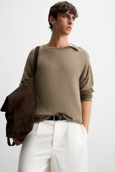 BUTTON-UP KNIT T-SHIRT - Dark beige by Zara - Image 5