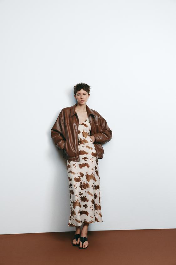 ROCHIE MIDI SATINATĂ CU IMPRIMEU - Bej-maro | ZARA România