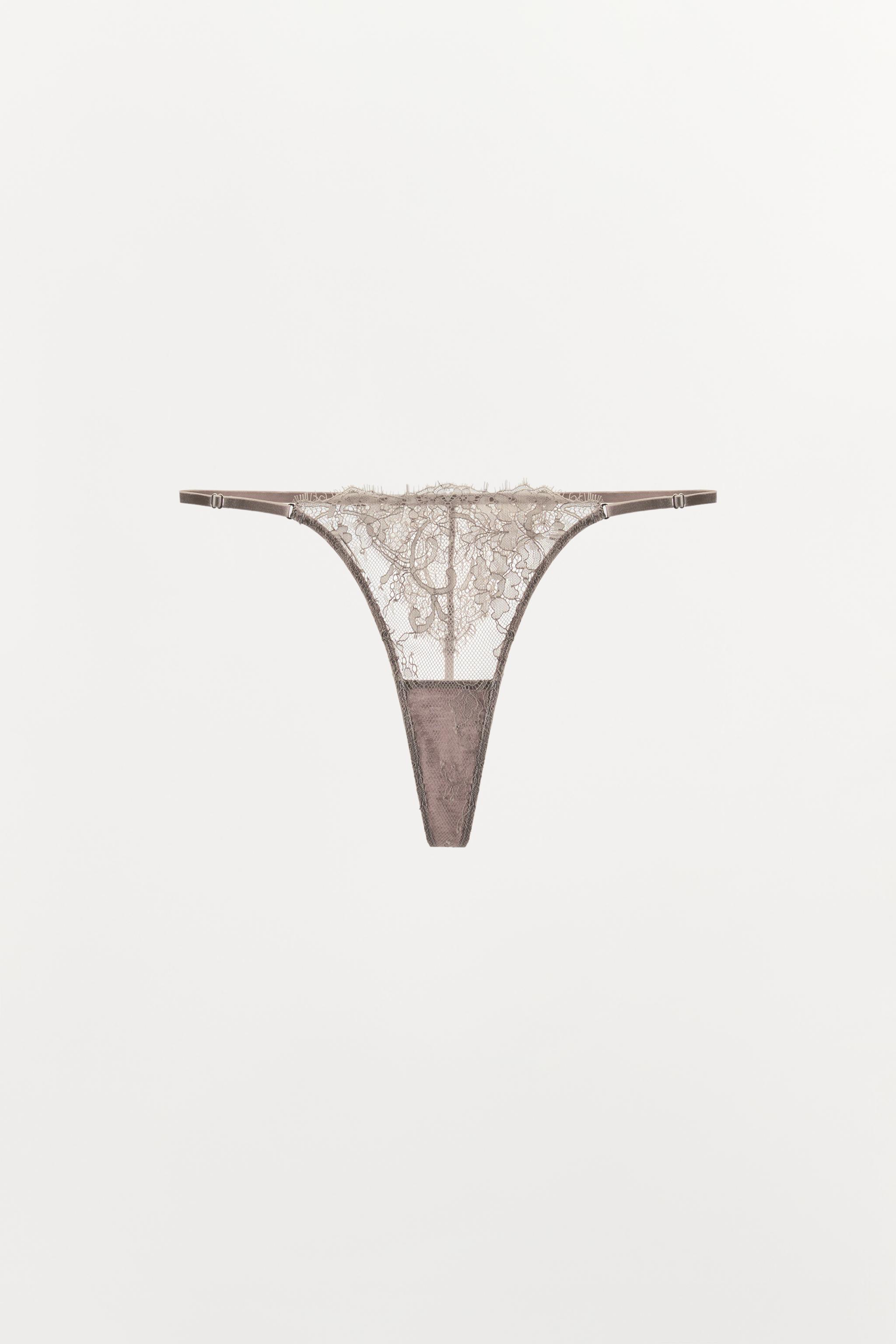 LACE THONG — Gray / Beige