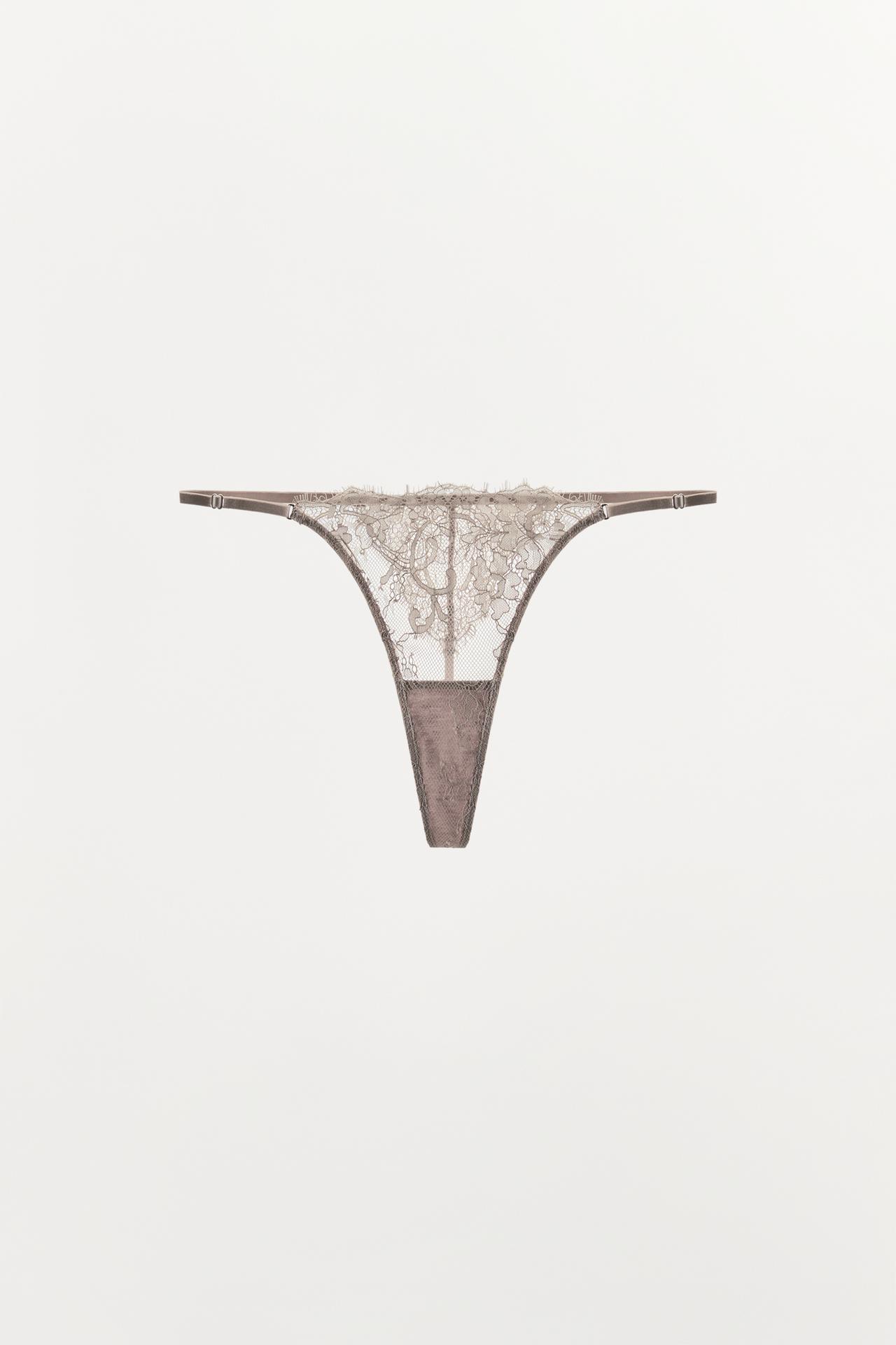 LACE THONG — Gray / Beige
