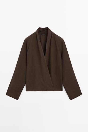 Zara Flowing loose-fitting linen wrap blouse - Brown
