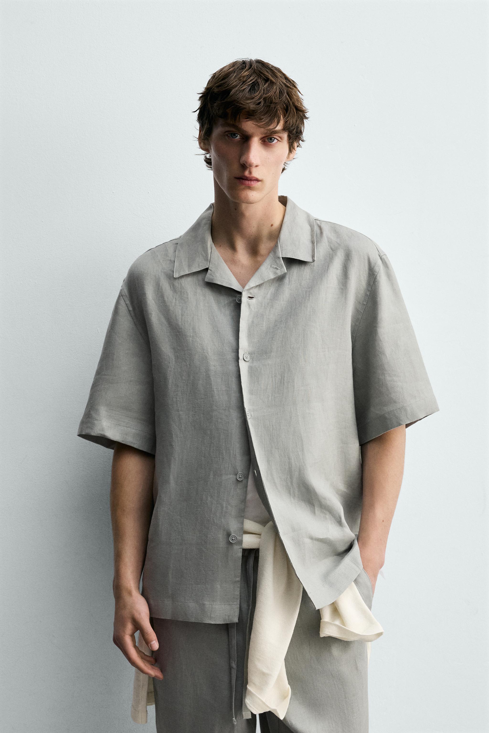 100% LINEN RELAXED FIT SHIRT — Light gray