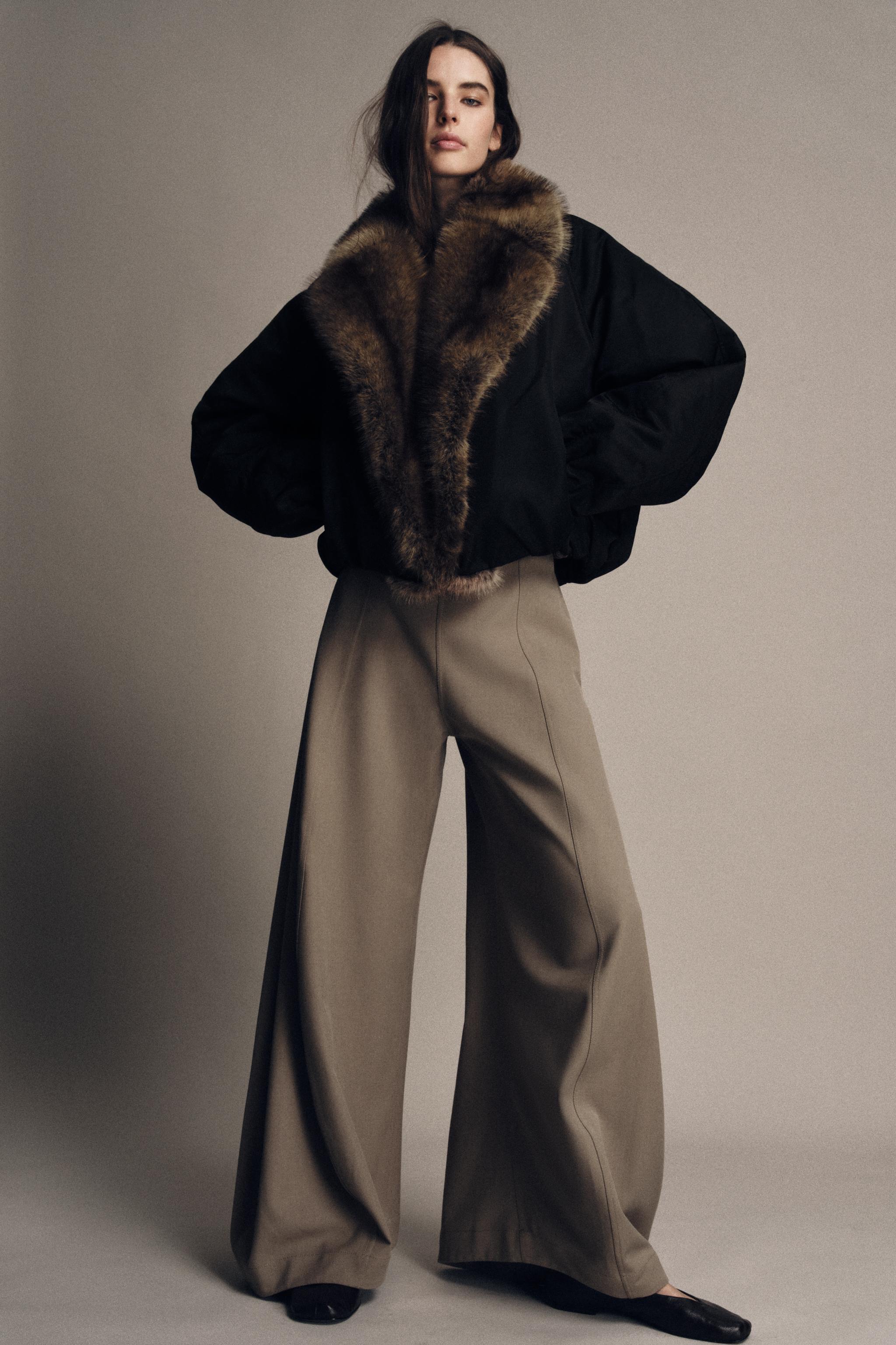 ZW COLLECTION フェイクファー襟ボンバージャケット - ブラック | ZARA