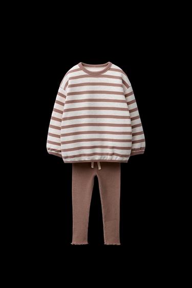 Zara STRIPED SWEATSHIRT AND SOFT RIBBED LEGGINGS SET - Brown marl - Image 0