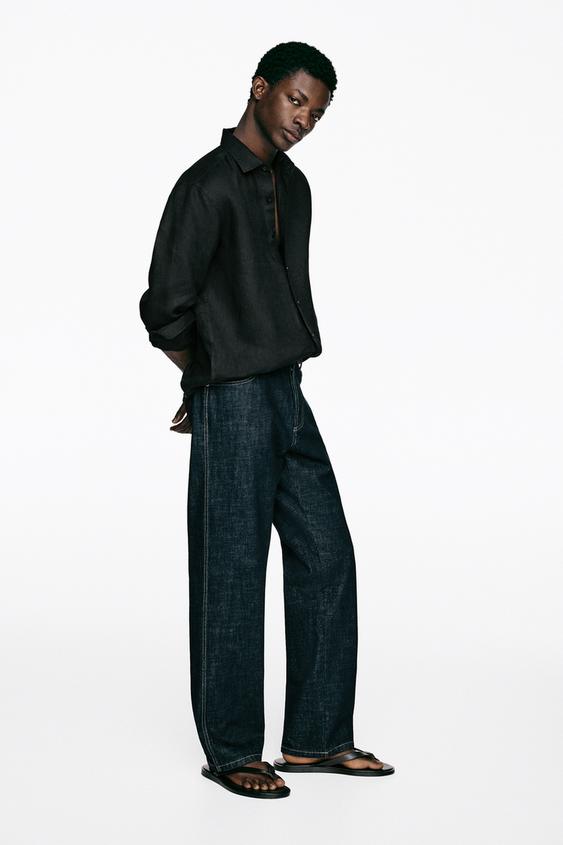 Zara Slim fit 100% linen shirt - Black - Image 0