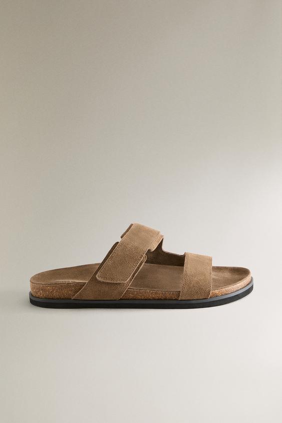 SPLIT LEATHER DOUBLE-STRAP SANDALS - Brown by Zara - Image 0