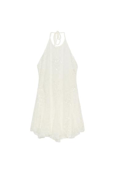 EMBROIDERED LACE HALTER DRESS