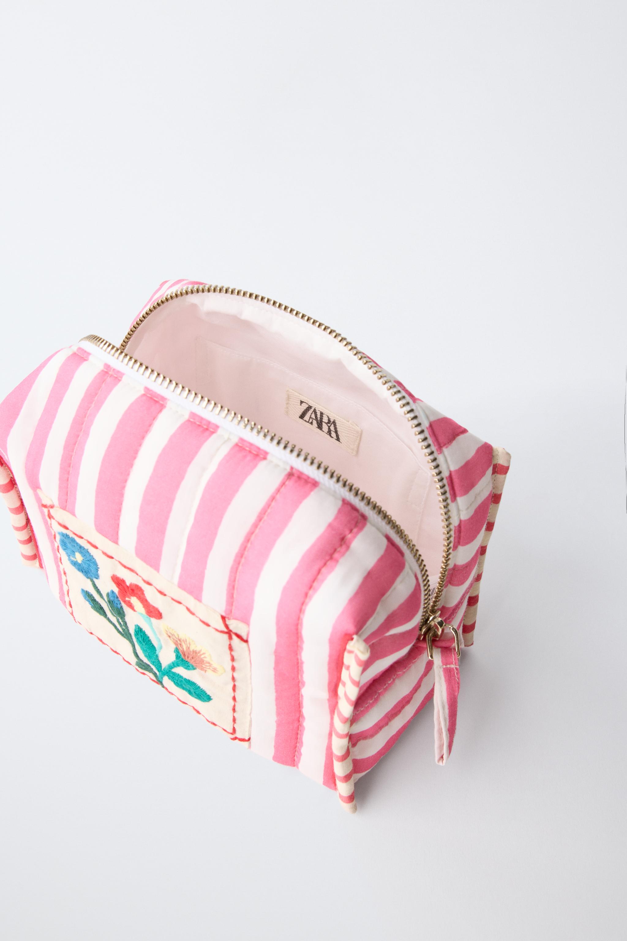 EMBROIDERED STRIPED TOILETRY BAG — Pink
