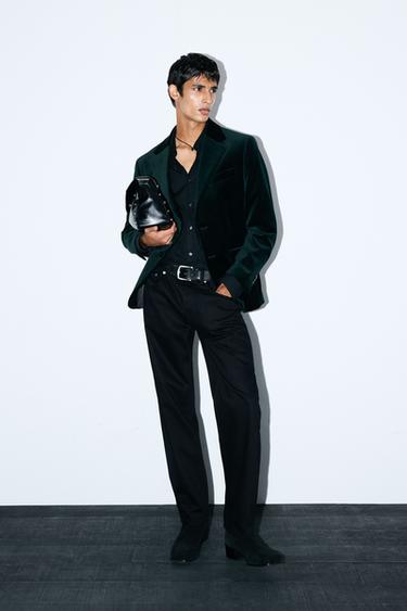 Zara REGULAR FIT VELVET BLAZER - Bottle green
