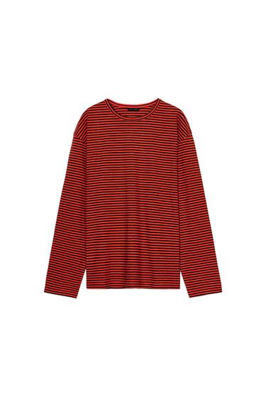 Zara COTTON AND LINEN STRIPED T-SHIRT - Reds