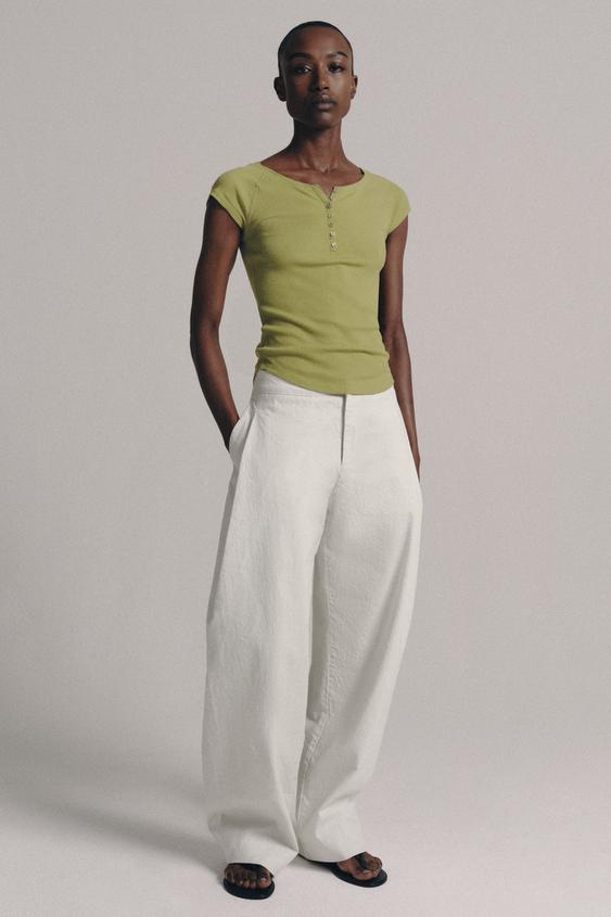 LINEN BLEND BUTTON-UP T-SHIRT - Pistachio by Zara - Image 0