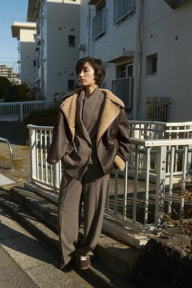 ストレートレッグチェック柄ベルトパンツブラウン/ エクリュZaraのストレートレッグチェック柄ベルトパンツ - ブラウン/ エクリュ 