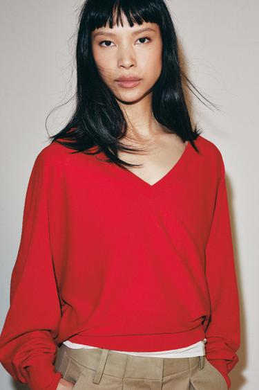 WOOL BLEND V-NECK JUMPER - Red by Zara