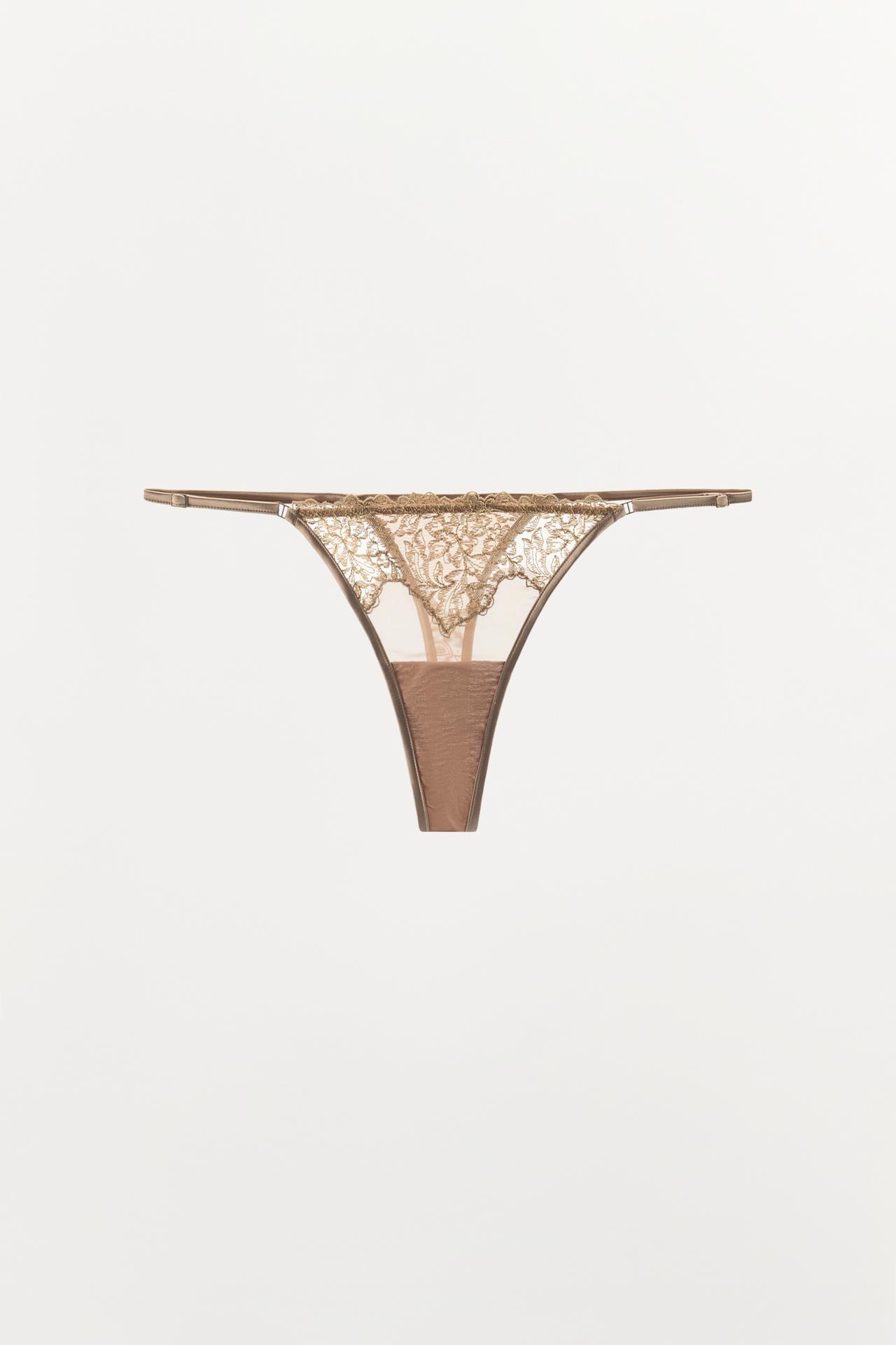 LACE MESH THONG — Beige-pink