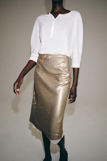 ZW COLLECTION SEQUIN MIDI SKIRT - Beige by Zara