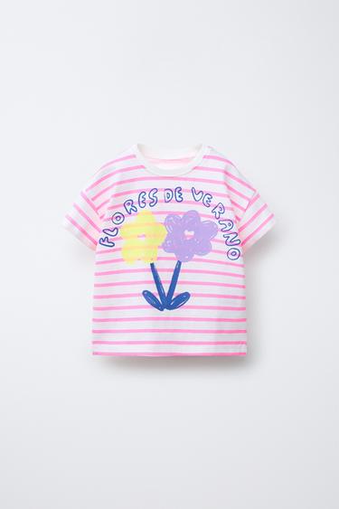 CAMISETA RAYAS ESTAMPADO - Rosa de Zara