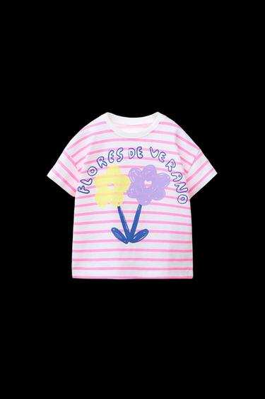 GESTREIFTES T-SHIRT MIT PRINT - Rosa von Zara