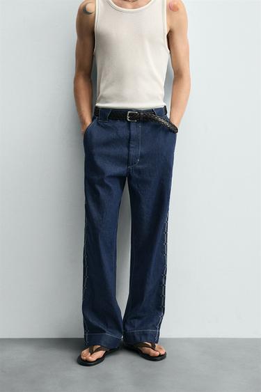 EMBROIDERED STRIPE JEANS - Indigo by Zara