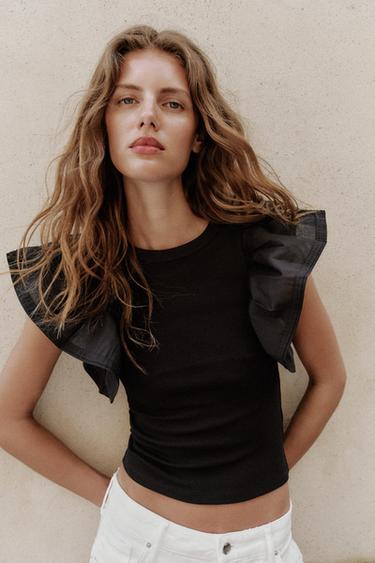 CAMISETA COMBINADA RIB VOLANTES - Negro de Zara