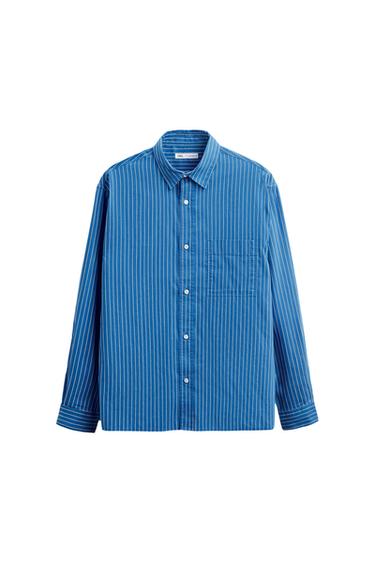 Front view of a blue shirt with white stripes and a chest pocket.