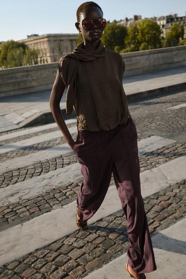 Zara WIDE LEG SEAM PANTS - Maroon