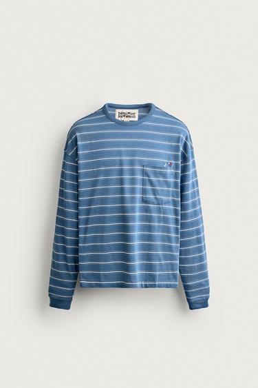 STRIPED T-SHIRT WITH EMBROIDERED POCKET - Blues by Zara