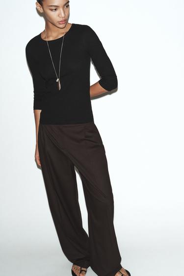 LINEN BLEND WASHED-EFFECT T-SHIRT - Black by Zara