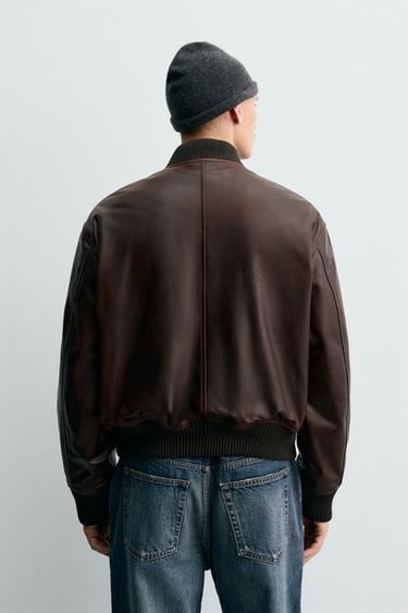 WAXED LEATHER BOMBER JACKET - Dark brown by Zara - Image 2