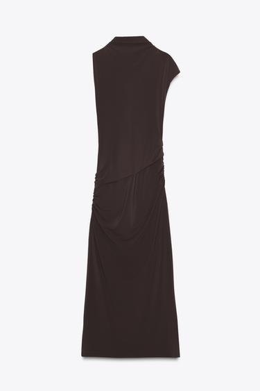 Zara RUCHED MIDI DRESS - Chocolate