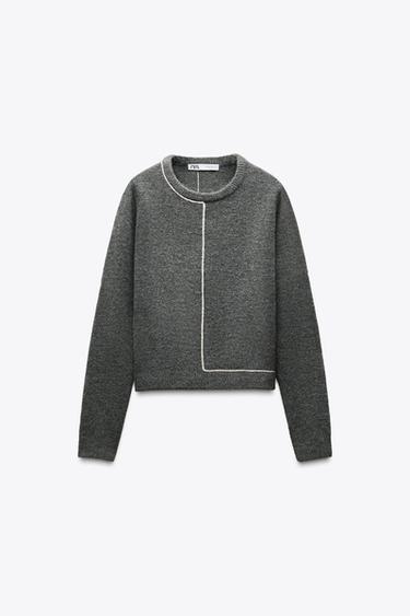 PULL EN MAILLE AVEC LISERÉS EN CONTRASTE - Gris chiné de Zara