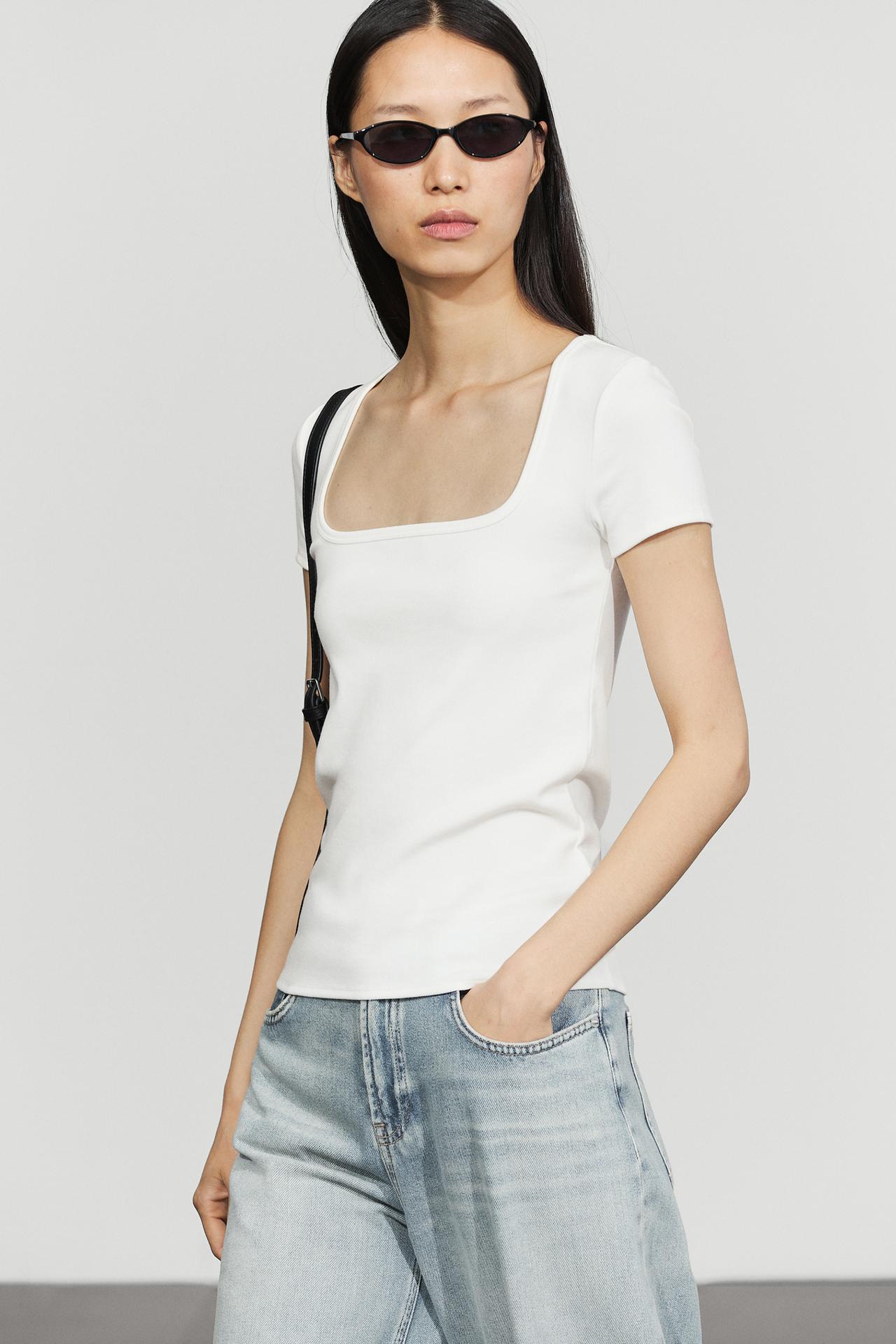Square-neck short sleeve T-shirt — White
