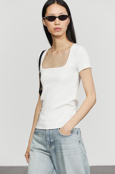 Square-neck short sleeve T-shirt — White 1