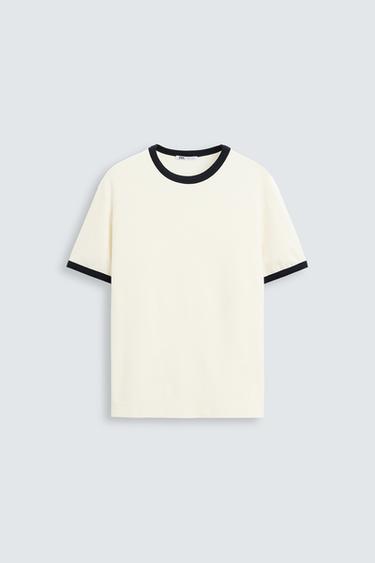Zara BASIC CONTRAST RIB T-SHIRT - Oyster-white