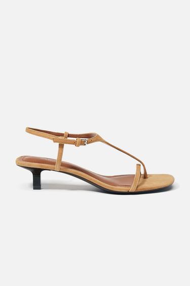 Zara SUEDE KITTEN HEEL SANDALS - Brown