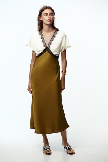 CONTRAST LACE SATIN MIDI DRESS - ecru/khaki by Zara