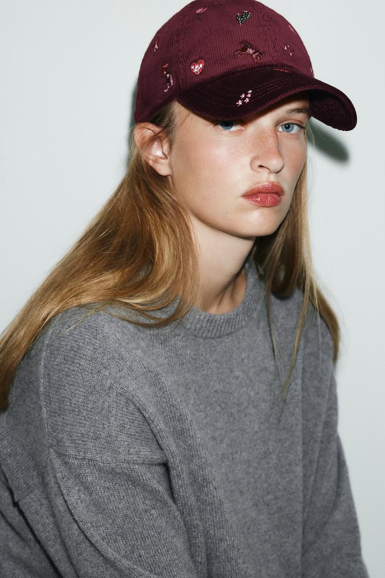 EMBROIDERED CORDUROY CAP Burgundy ZARA United States