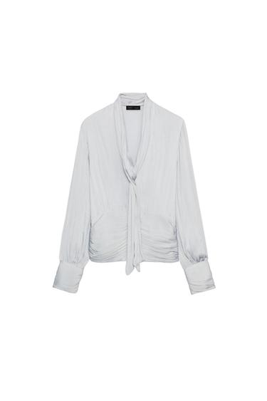 SATIN-FINISH TIE-DETAIL SHIRT - Silver by Zara