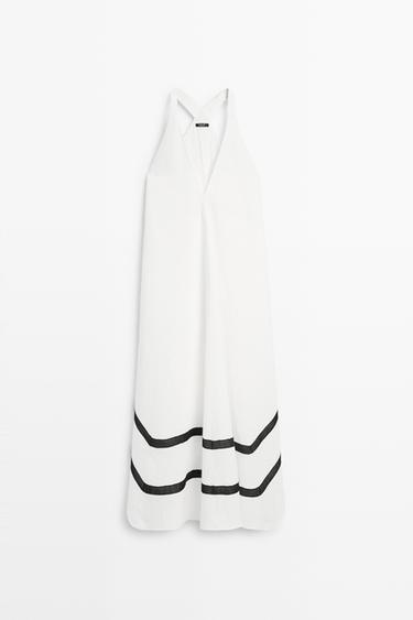 Zara Linen blend midi dress with contrast stripe detail - White - Image 0