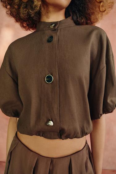 LINEN BLEND PUFF SLEEVE SHIRT - Brown / Taupe by Zara - Image 4