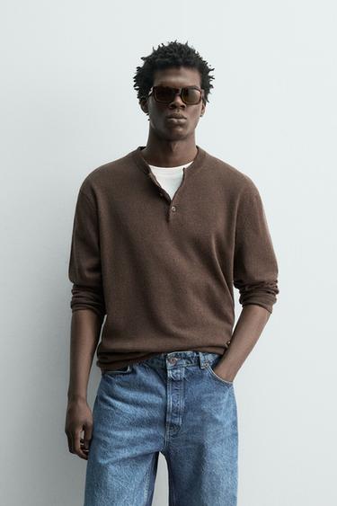 COTTON BLEND HENLEY NECK JUMPER - Chocolate by Zara